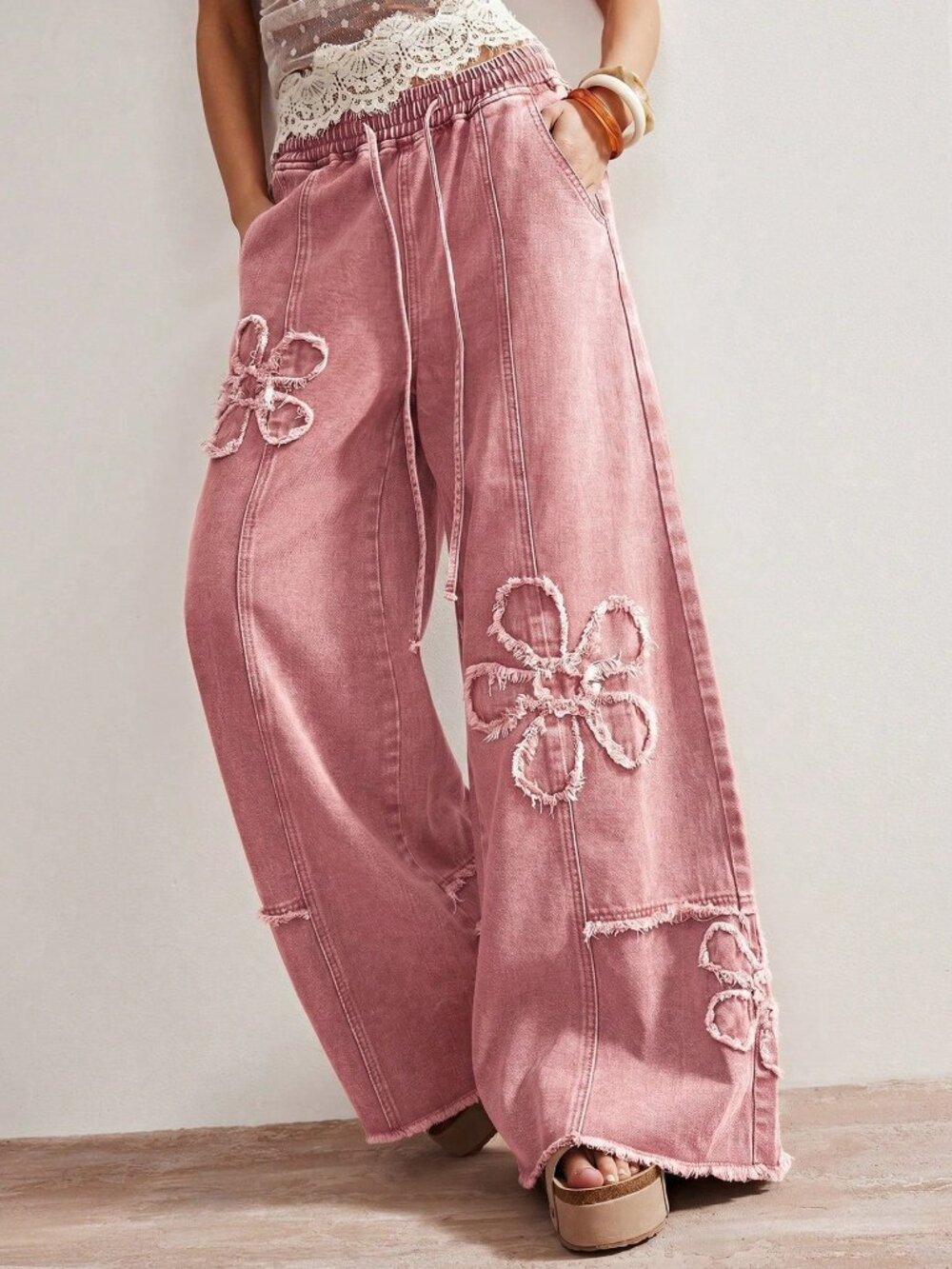 Pink Casual Women's Woven Loose Wide-Leg Washed Denim Pants